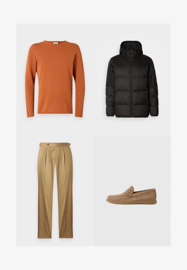 Svart puffjacka med blixtlås, huva, quiltade sektioner och elastiska mudd, tillverkad av ett slätt, vattentåligt material.; Långärmad T-shirt med rundad hals i en bränd orange färg, tillverkad av ribbat tyg. Slät textur med minimala sömnadsdetaljer.; Beige byxor med rak passform, med veck, knappstängning och bälteshällor. Slätt tyg med en ren, skräddarsydd look.; Bruna mocka slip-on loafers med en slät yta och sydda detaljer; har en gummisul för grepp.