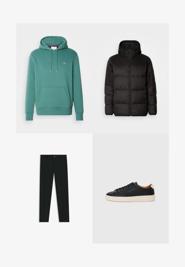 La doudoune noire est dotée d'une fermeture éclair, d'une capuche, de sections matelassées et de poignets élastiques, fabriquée à partir d'un matériau lisse et résistant à l'eau.; GANT SHIELD HOODIE - Sweat à capuche - green; Pantalons noirs avec une coupe droite, fabriqués en tissu lisse. Présente une fermeture éclair à l'avant et des passants de ceinture. Unis sans motifs.; Baskets en cuir noir avec une texture lisse, semelle en caoutchouc beige, design à lacets et accent de talon contrasté.