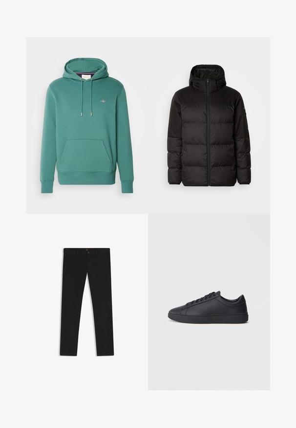 La chaqueta acolchada negra tiene un cierre de cremallera, capucha, secciones acolchadas y puños elásticos, hecha de un material suave y resistente al agua.; GANT SHIELD HOODIE - Sudadera - green; Pantalones negros de tela con una textura suave. Cuentan con cierre de botón, trabillas para cinturón y bolsillos laterales. Diseño de pierna recta estándar.; Zapatillas negras de cuero liso con diseño bajo, puntera redonda y suela plana de goma. Presentan cordones y una marca sutil.