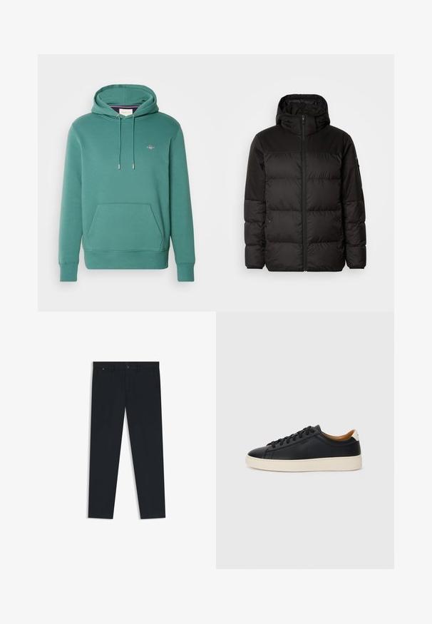 Black puffer jacket features a zip closure, a hood, quilted sections, and elastic cuffs, made from a smooth, water-resistant material.; GANT SHIELD HOODIE - Hoodie - green; Men's dark navy trousers made of lightweight fabric. Features a button closure, belt loops, and two side pockets. Straight leg design.; Black leather sneakers with a smooth texture, beige rubber sole, lace-up design, and a contrasting heel accent.
