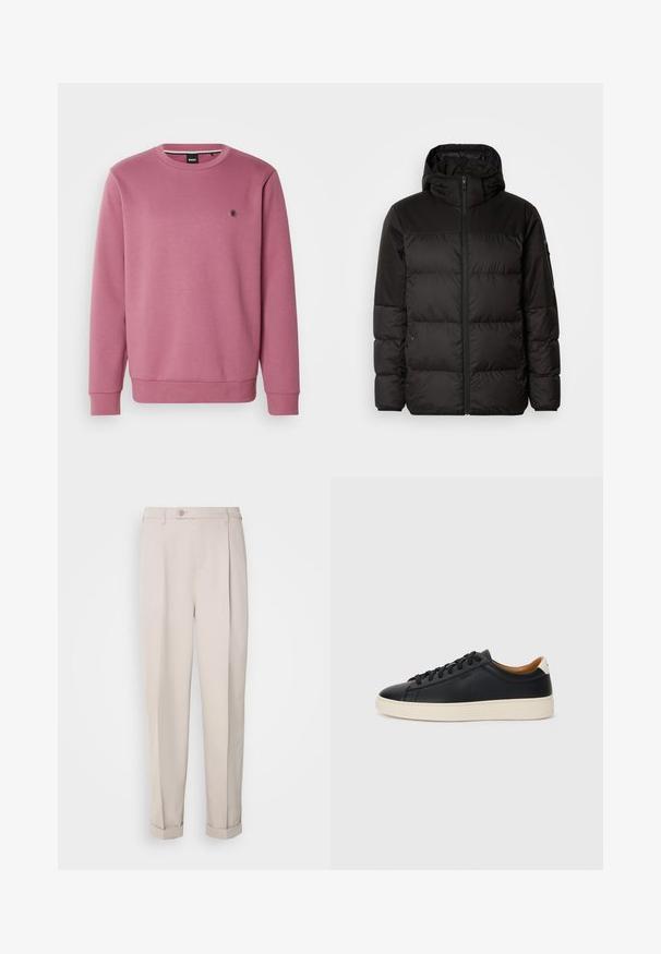 Černá péřová bunda má zipový uzávěr, kapuci, prošívané části a elastické manžety, vyrobená z hladkého, voděodolného materiálu.; Růžová mikina vyrobená z měkkého materiálu, s kulatým výstřihem, dlouhými rukávy a malým logem na levém prsu. Ozdobená žebrovanými manžetami.; Béžové kalhoty z hladkého materiálu, s rovný střih, jednou plisovanou přední částí a ohrnutými manžetami. Obsahují přední zapínání na knoflík.; Černé kožené tenisky s hladkým povrchem, béžovou gumovou podešví, šněrovacím designem a kontrastním akcentem na patě.