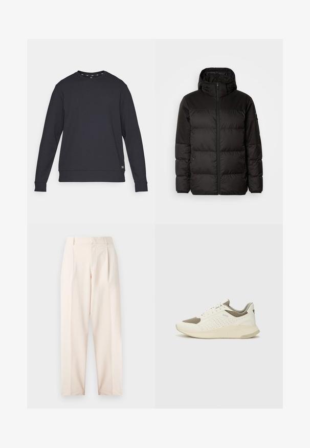 A fekete steppelt dzseki cipzáros záródással, kapucnival, steppelt részekkel és rugalmas mandzsettákkal rendelkezik, sima, vízálló anyagból készült.; Sötétkék pulóver textúrált anyagból. Kerek nyakkivágással, hosszú ujjal és bordás passzés ujjak találhatók rajta, az alján egy logó címkével.; Beige, magas derekú, pleatelt és egyenes szárú nadrág. Sima anyagból készült, oldalsó zsebekkel és letisztult kivitelben.; Fehér és világos bézs sportcipő, légies hálós felsőrésszel, perforált részletekkel és texturált középtalppal, amelyen a saroknál a márka logója található.