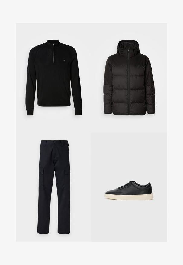 A fekete steppelt dzseki cipzáros záródással, kapucnival, steppelt részekkel és rugalmas mandzsettákkal rendelkezik, sima, vízálló anyagból készült.; Fekete kötött pulóver félcipzárral, bordázott mandzsettákkal, texturált vállrészletekkel és egy kis logóval a mellrészen.; Fekete cargo nadrág, tartós anyagból készült, egyenes szárú fazonnal, két oldalsó zsebbel és gombos záródással a derékon.; Fekete, alacsony szárú bőrsneaker fekete fűzőkkel és törtfehér talppal, oldalnézetben, fehér háttér előtt.