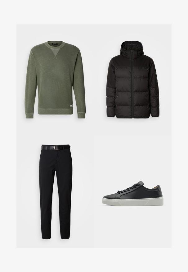 Il giubbotto puffo nero presenta una chiusura con zip, un cappuccio, sezioni trapuntate e polsini elastici, realizzato in un materiale liscio e resistente all'acqua.; Felpa verde realizzata in tessuto strutturato, con scollatura tonda, maniche lunghe e un piccolo etichetta del marchio in basso a sinistra.; Pantaloni neri a gamba dritta, con una texture morbida e una cintura in pelle nera con una fibbia argentata. Design semplice, senza motivi o accenti.; Sneaker in pelle nera con una texture liscia, punta rotonda e lacci neri. Presenta una suola in gomma bianca spessa con sottili accenti geometrici.
