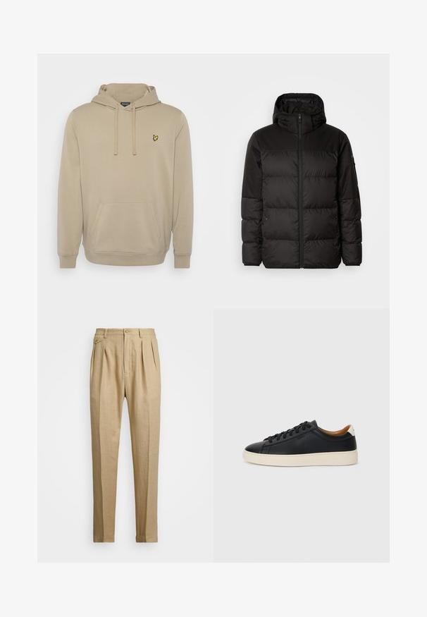 La chaqueta acolchada negra tiene un cierre de cremallera, capucha, secciones acolchadas y puños elásticos, hecha de un material suave y resistente al agua.; Lyle & Scott HOODIE - Sudadera - sage; Pantalones de lino beige con corte recto, con dos pliegues frontales, cierre de botón y bolsillos laterales. Tejido texturizado con un acabado suave.; Zapatillas negras de cuero con una textura suave, suela de goma beige, diseño de cordones y un acento en el talón de color contrastante.