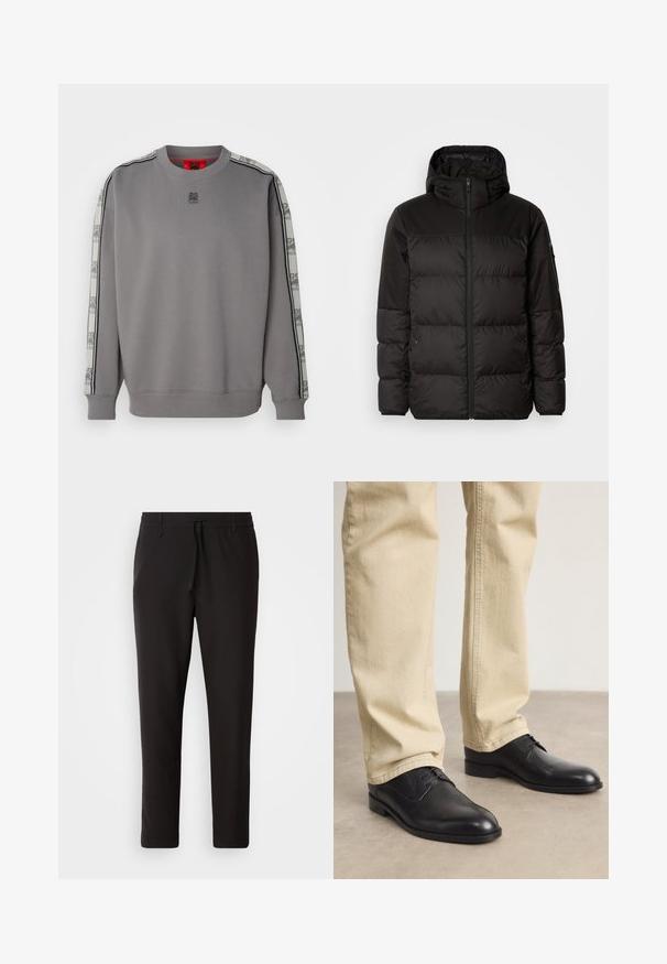 Sort pufferjakke med lynlås, hætte, quiltede sektioner og elastiske manchetter, lavet af et glat, vandafvisende materiale.; HUGO DUSTRIP - Sweatshirt - open grey; Sorte joggebukser lavet af glat stof. Har en elastisk talje med snor, tætsiddende ben og ingen synlige lommer. Enkel design.; Sorte læder snørebåndssko med rund tå, glat finish og diskrete syninger, båret med lyse beige bukser.