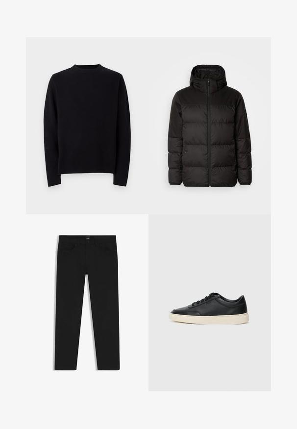 Il giubbotto puffo nero presenta una chiusura con zip, un cappuccio, sezioni trapuntate e polsini elastici, realizzato in un materiale liscio e resistente all'acqua.; Maglione nero a maglia con maniche lunghe, scollo rotondo a coste e taglio dritto. Texture liscia senza motivi o dettagli visibili.; Pantaloni in denim nero con taglio dritto, dotati di vita standard, cinque tasche e chiusura con bottone. Texture liscia su tutta la superficie.; Sneaker in pelle nera a basso profilo con lacci neri e suola avorio, mostrato di profilo su sfondo bianco.