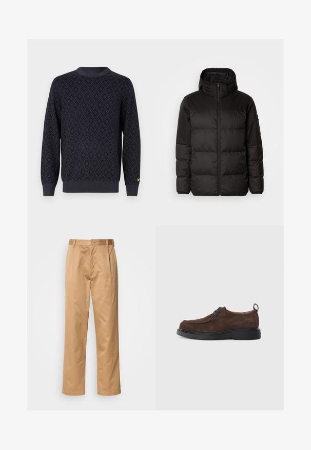 Črna zimska jakna ima zadrgo, kapuco, prešite odseke in elastične manšete, izdelana je iz gladkega, vodoodpornega materiala.; Temno moder pleten pulover z diamantnim vzorcem, okroglo izrezo, rebrastimi manšetami in robom ter majhnim rumenim logotipom na levem rokavu.; Kaki hlače, mešanica bombaža, oblik ravnih nogavic, sprednji pregibi, zanke za pas in gumbasto zapiranje. Gladka tekstura brez vzorcev.; Rjave semiš čevlje z zaobljenim nosom, siva vezalka in črno gumijasto podplat. Ima majhen logotip vtisnjen na peti.