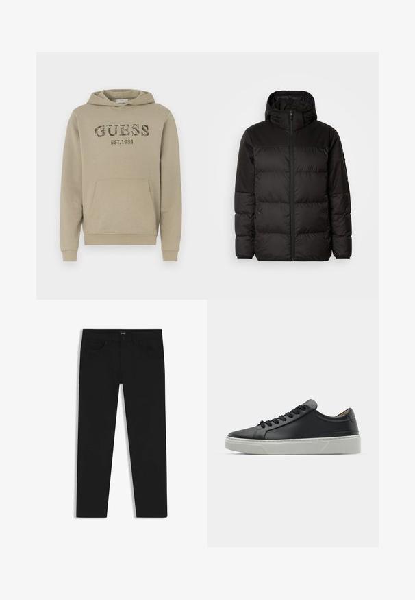 Schwarze Pufferjacke mit Reißverschluss, Kapuze, gesteppten Abschnitten und elastischen Bündchen, hergestellt aus einem glatten, wasserabweisenden Material.; Beige Hoodie aus Baumwollmischung mit einer vorderen Kängurutasche, gerippten Bündchen und dem Logo "GUESS EST.1981" in Camouflage-Textur.; Schwarze Denim-Hosen mit geradem Schnitt, ausgestattet mit einem Standardbund, fünf Taschen und einem Knopfverschluss. Angenehme, glatte Textur.; Schwarze Ledersneaker mit glatter Textur, runder Zehenform und schwarzen Schnürsenkeln. Verfügt über eine dicke, weiße Gummisohle mit subtilen geometrischen Akzenten.