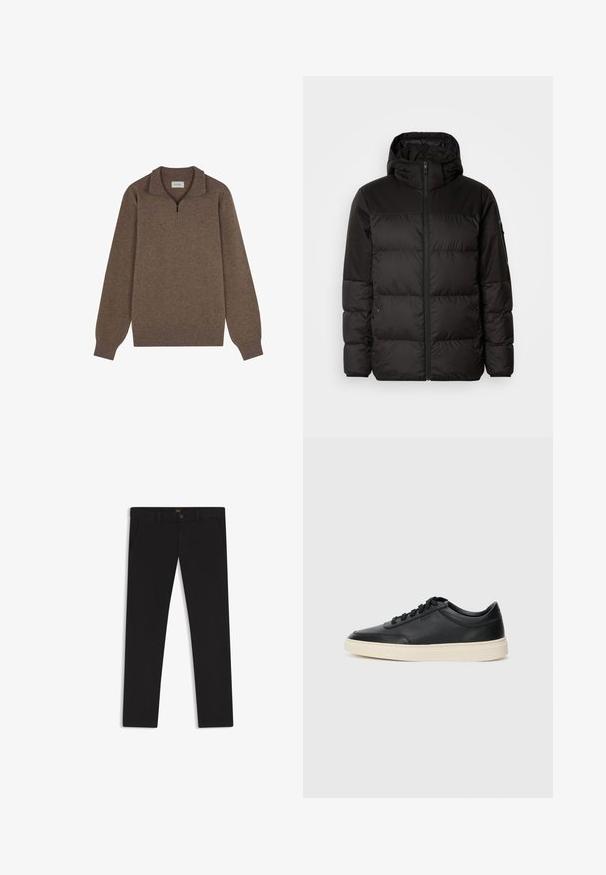 Schwarze Pufferjacke mit Reißverschluss, Kapuze, gesteppten Abschnitten und elastischen Bündchen, hergestellt aus einem glatten, wasserabweisenden Material.; Brauner Pullover mit Viertelreißverschluss, langen Ärmeln, gerippten Bündchen und Saum, gefertigt aus weichem, strukturiertem Stoff.; Schwarze Hosen aus einem Stoff mit glatter текстуре. Verfügt über einen Knopfverschluss, Gürtelschlaufen und Seitentaschen. Klassisches Design mit geradem Bein.; Schwarzer niedriger Ledersneaker mit schwarzen Schnürsenkeln und cremefarbenem Sohlenrand, seitlich auf weißem Hintergrund dargestellt.
