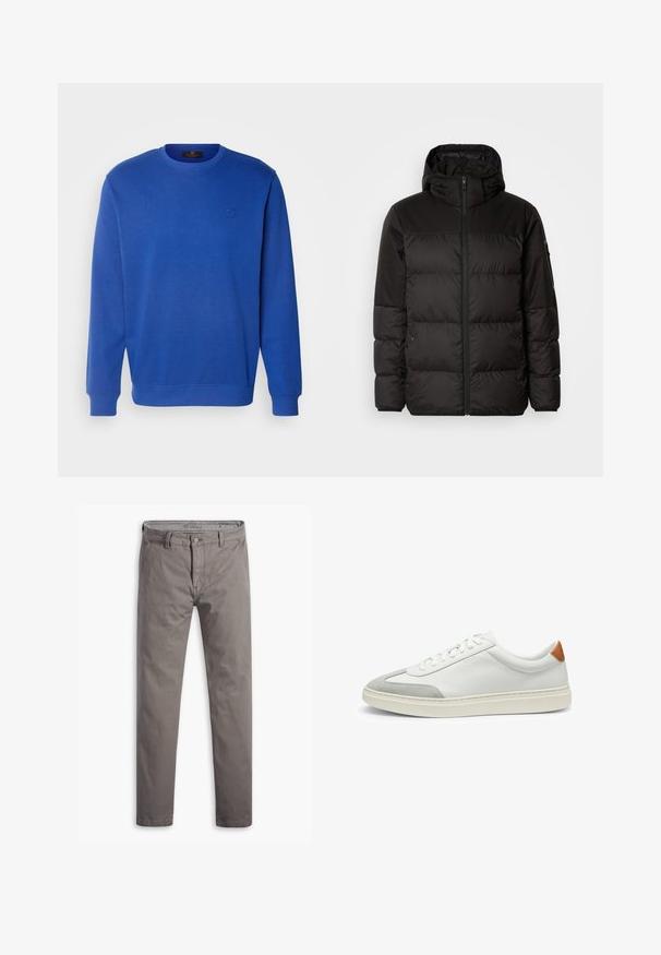 Sort pufferjakke med lynlås, hætte, quiltede sektioner og elastiske manchetter, lavet af et glat, vandafvisende materiale.; Blå sweatshirt med rund halsudskæring, lange ærmer og ribbede afslutninger. Har et diskret broderet logo på brystet. Materialet er en blanding af bomuld.; Grå chinos med en glat tekstur, lige ben, standard fem-lomme stil og en metalknap i taljen.; Hvide lædersneakers med grå ruskindsdetaljer og en tan læderhæltap. Har en struktureret overflade og en let sål.