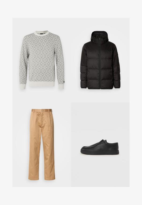 Schwarze Pufferjacke mit Reißverschluss, Kapuze, gesteppten Abschnitten und elastischen Bündchen, hergestellt aus einem glatten, wasserabweisenden Material.; Grauer Pullover mit Diamantmuster und strukturierter Strickweise, runder Ausschnitt und kontrastierender cremefarbener Akzent an den Bündchen. Mit Logo am unteren Ärmel.; Khaki-Hosen aus Baumwollmischung, im geraden Schnitt, mit Vorderfalten, Gürtelschlaufen und Knopfverschluss. Glatte Textur ohne Muster.; Schwarze Leder-Schlupfschuhe mit runder Zehenform, genähten Details und schwarzer Gummisohle. Glatte Textur mit minimalistischem Design.