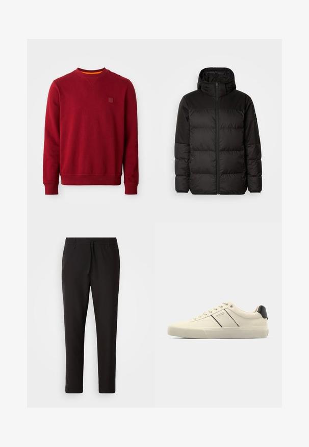 Il giubbotto puffo nero presenta una chiusura con zip, un cappuccio, sezioni trapuntate e polsini elastici, realizzato in un materiale liscio e resistente all'acqua.; Felpa rossa realizzata in tessuto morbido, con scollatura a girocollo, polsini a coste e una toppa logo quadrata sul lato sinistro del petto.; Pantaloni jogger neri realizzati in tessuto liscio. Presentano una vita elasticizzata con stringa, gambe affusolate e senza tasche visibili. Design semplice.; Sneaker color crema con una texture liscia, caratterizzate da accenti e marchi neri. Design classico con lacci, punta rotonda e suola in gomma.