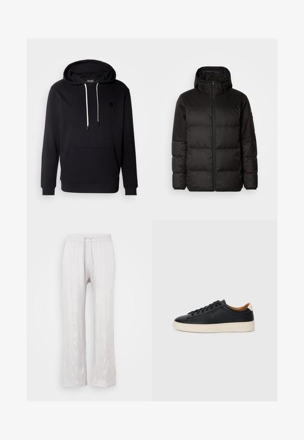 Black puffer jacket features a zip closure, a hood, quilted sections, and elastic cuffs, made from a smooth, water-resistant material.; Black hoodie in soft fabric with a front kangaroo pocket, drawstring hood, and small black logo patch on the chest.; Light grey, loose-fit pants in smooth fabric with an elastic waistband and drawstring. Straight legs with subtle pleats, no visible patterns.; Black leather sneakers with a smooth texture, beige rubber sole, lace-up design, and a contrasting heel accent.