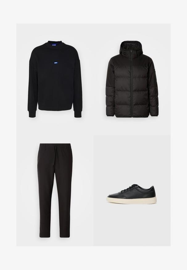Černá péřová bunda má zipový uzávěr, kapuci, prošívané části a elastické manžety, vyrobená z hladkého, voděodolného materiálu.; Černá mikina s dlouhými rukávy a ribbovanými manžetami. Na hrudi je umístěno malé modré logo. Vyrobena z měkkého materiálu.; Černé teplákové kalhoty vyrobené z hladké látky. Mají elastický pas se šňůrkou, zúžené nohavice a žádné viditelné kapsy. Jednoduchý design.; Černé kožené nízké tenisky s černými tkaničkami a slonovinovou podešví, zobrazené v bočním profilu na bílém pozadí.