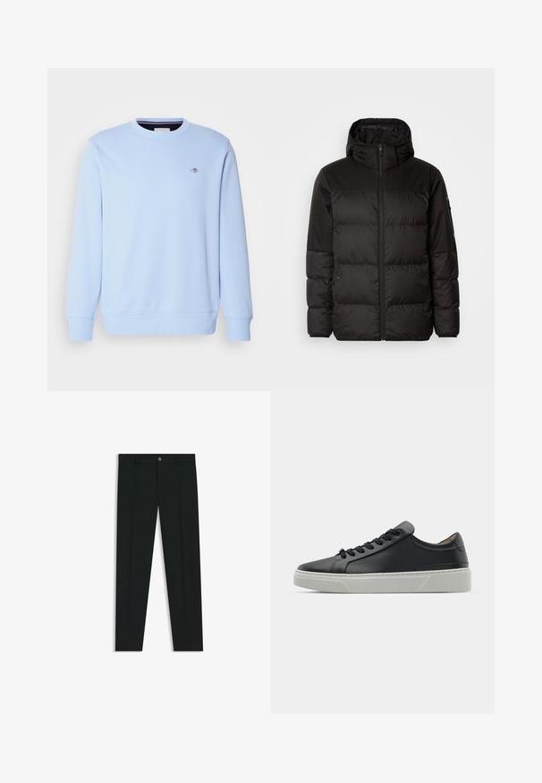 Black puffer jacket features a zip closure, a hood, quilted sections, and elastic cuffs, made from a smooth, water-resistant material.; Light blue sweatshirt made of soft fabric, featuring a round neck, long sleeves, and a small logo on the chest. Ribbed cuffs and hem.; Black dress pants with a straight-leg design, made of smooth fabric. Features a front button closure and belt loops. Plain without patterns.; Black leather sneaker with a smooth texture, round toe, and black laces. Features a thick, white rubber sole with subtle geometric accents.