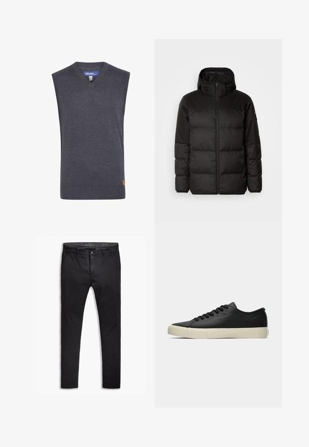 Zwarte pufferjas met ritsluiting, een capuchon, gequiltte secties en elastische manchetten, gemaakt van een glad, waterafstotend materiaal.; Grijze mouwloze sweater met een V-hals, gemaakt van een gladde brei-stof. Heeft een geribbelde zoom en een klein logo-patch aan de zijkant.; Zwarte katoenen chinos met een taps toelopende pasvorm, voorzien van vijf zakken, riemlussen en een gladde textuur. Ritssluiting met een knoopsluiting.; Lage zwarte leren sneaker met zwarte veters en off-white rubberen zool, zijaanzicht met subtiele "BOSS" branding.