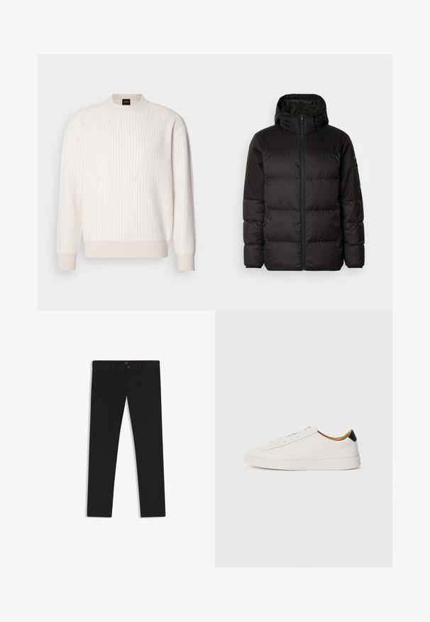 Zwarte pufferjas met ritsluiting, een capuchon, gequiltte secties en elastische manchetten, gemaakt van een glad, waterafstotend materiaal.; Witte ribgebreide trui met een ronde halslijn en lange mouwen. Heeft een textuurstof met een zachte afwerking en subtiele horizontale lijnen.; Zwarte broek van stof met een gladde textuur. Bevat een knoopsluiting, riemlussen en zijzakken. Standaard straight-leg ontwerp.; Witte sneaker met een gladleren bovenkant, ronde neus en platte zool. Zwarte accenten bij de hiel, voorzien van tonale veters en minimale branding.