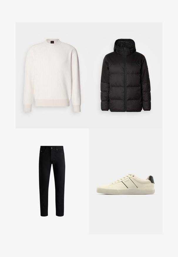 A jaqueta puffer preta apresenta um fecho zip, um capuz, secções acolchoadas e punhos elásticos, confeccionada em um material liso e resistente à água.; Sweater branco canelado com decote redondo e mangas longas. Apresenta um tecido texturizado com um acabamento suave e linhas horizontais subtis.; Jeans pretos slim-fit com cinco bolsos, fecho de botão e passantes para cinto, exibidos contra um fundo branco.; Sapatilhas de cor creme com uma textura suave, apresentando detalhes e marcação em preto. Design clássico com atacadores e bico redondo, e sola de borracha.