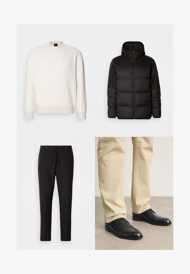 Černá péřová bunda má zipový uzávěr, kapuci, prošívané části a elastické manžety, vyrobená z hladkého, voděodolného materiálu.; Bílý žebrovaný svetr s kulatým výstřihem a dlouhými rukávy. Má texturovanou tkaninu s jemným povrchem a nenápadnými horizontálními pruhy.; Černé teplákové kalhoty vyrobené z hladké látky. Mají elastický pas se šňůrkou, zúžené nohavice a žádné viditelné kapsy. Jednoduchý design.; Černé kožené šněrovací boty s kulatou špičkou, hladkým povrchem a jemnými švy, nošené s světlými béžovými kalhotami.
