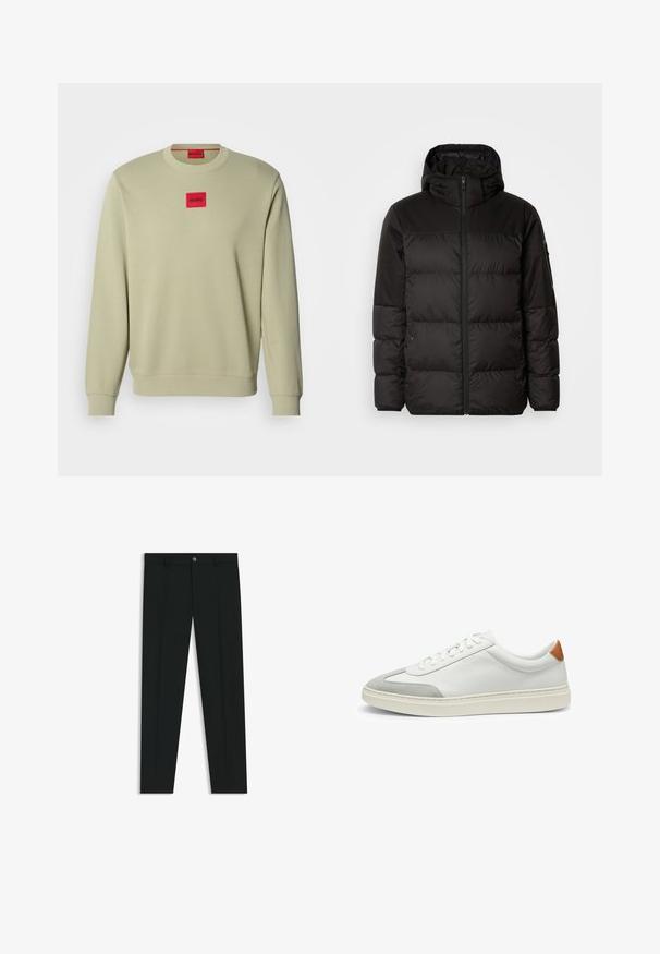 Schwarze Pufferjacke mit Reißverschluss, Kapuze, gesteppten Abschnitten und elastischen Bündchen, hergestellt aus einem glatten, wasserabweisenden Material.; Hellgrüner Pullover mit Rundhalsausschnitt, gerippten Bündchen und einem kleinen roten rechteckigen gestickten Logo auf der Brust. Weicher Stoff.; Schwarze Anzughosen mit geradem Bein, aus glattem Stoff. Mit Knopfverschluss vorne und Gürtelschlaufen. Schlicht ohne Muster.; Weiße Leder-Sneaker mit grauen Wildlederakzenten und einer sandfarbenen Lederfersenschlaufe. Sie verfügen über eine strukturierte Oberfläche und eine leichte Sohle.