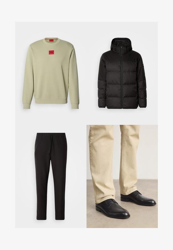 Il giubbotto puffo nero presenta una chiusura con zip, un cappuccio, sezioni trapuntate e polsini elastici, realizzato in un materiale liscio e resistente all'acqua.; Felpa verde chiaro con collo a girocollo, polsini a coste e un piccolo logo ricamato rosso a forma rettangolare sul petto. Tessuto morbido.; Pantaloni jogger neri realizzati in tessuto liscio. Presentano una vita elasticizzata con stringa, gambe affusolate e senza tasche visibili. Design semplice.; Scarpe stringate in pelle nera con punta arrotondata, finitura liscia e dettagli di cucitura sottili, indossate con pantaloni beige chiaro.