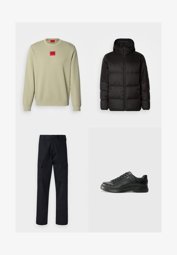 Černá péřová bunda má zipový uzávěr, kapuci, prošívané části a elastické manžety, vyrobená z hladkého, voděodolného materiálu.; Světle zelená mikina s kulatým výstřihem, žebrovanými manžetami a malým červeným vyšitým logem v obdélníkovém tvaru na prsou. Měkká textilie.; Černé cargo kalhoty vyrobené z odolné tkaniny, s rovnými nohavicemi, dvěma bočními kapsami a zapínáním na knoflík v pase.; Černé kožené tenisky s texturovaným svrškem, polstrovaným límcem a červeným logem. Disponují tlustou gumovou podrážkou s výrazným vzorem.