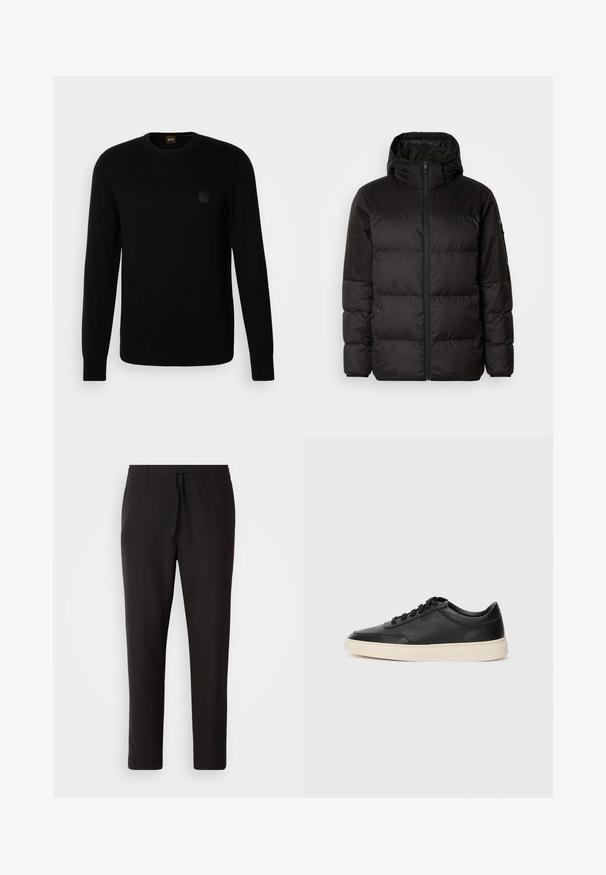 A jaqueta puffer preta apresenta um fecho zip, um capuz, secções acolchoadas e punhos elásticos, confeccionada em um material liso e resistente à água.; Sweater preto de malha com mangas longas, decote redondo e um pequeno patch de logo texturizado no peito. Textura suave em toda a peça.; Calças de jogging pretas feitas de tecido liso. Apresentam uma cintura elástica com cordão, pernas ligeiramente ajustadas e sem bolsos visíveis. Design simples.; Sapatilha preta de cano baixo em pele com atacadores pretos e sola off-white, apresentada em perfil lateral sobre fundo branco.