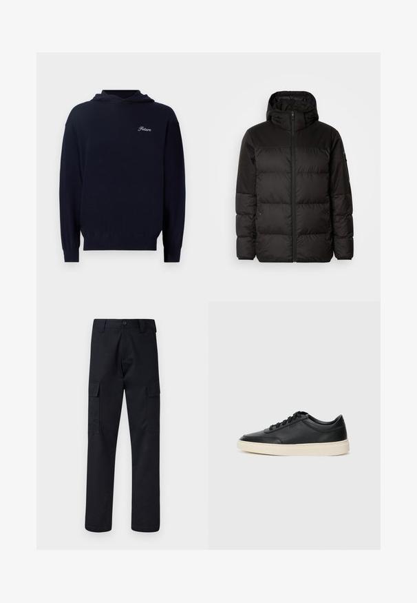 La chaqueta acolchada negra tiene un cierre de cremallera, capucha, secciones acolchadas y puños elásticos, hecha de un material suave y resistente al agua.; Sudadera azul marino de tejido suave, con un bolsillo frontal, puños acanalados y un pequeño bordado blanco de "Future" en el pecho.; Pantalones cargo negros hechos de una tela resistente, con un corte recto en las piernas, dos bolsillos laterales y un cierre de botón en la cintura.; Zapatilla negra de piel de caña baja con cordones negros y suela color crema, mostrada en perfil lateral sobre fondo blanco.