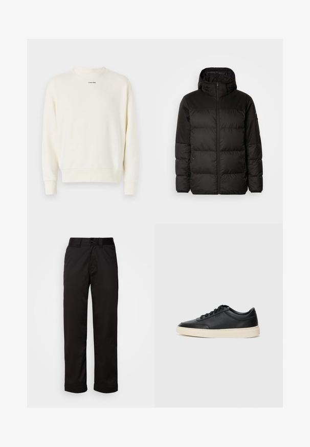 Mustikas puffer-jakk sisaldab tõmblukku, kapuutsi, tikandiga osi ja elastseid mansette, valmistatud siledast veekindlast materjalist.; Calvin Klein NANO LOGO  - Pusa - vanilla ice; Mustad püksid siledast kangast, millel on luku suletava ja nööbi sulgemisega ning keeratud sääred, andes neile lihtsa disaini.; Mustad musta nahast madal sneaker mustade nööpidega ja kreemivalge tallaga, nähtud külgprofiilis valge tausta ees.