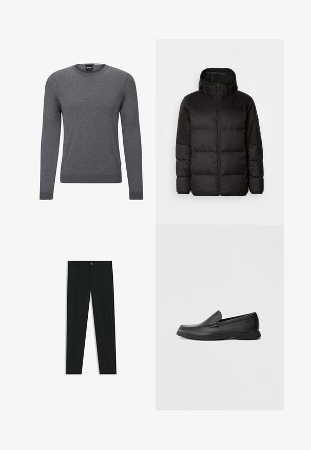 Zwarte pufferjas met ritsluiting, een capuchon, gequiltte secties en elastische manchetten, gemaakt van een glad, waterafstotend materiaal.; Grijs crewneck sweater gemaakt van zacht breiwerk. Het heeft lange mouwen, geribde manchetten en zoom, en een klein logotag aan de zijkant.; Zwarte dresspants met een recht pasvorm, gemaakt van een gladde stof. Heeft een sluiting met een knoop aan de voorkant en ceintuurlussen. Effen zonder patronen.; Zwarte leren instaploafer met een textuur bovenwerk, ronde neus, lage hak en rubberen zool, weergegeven in zijprofiel op een witte achtergrond.