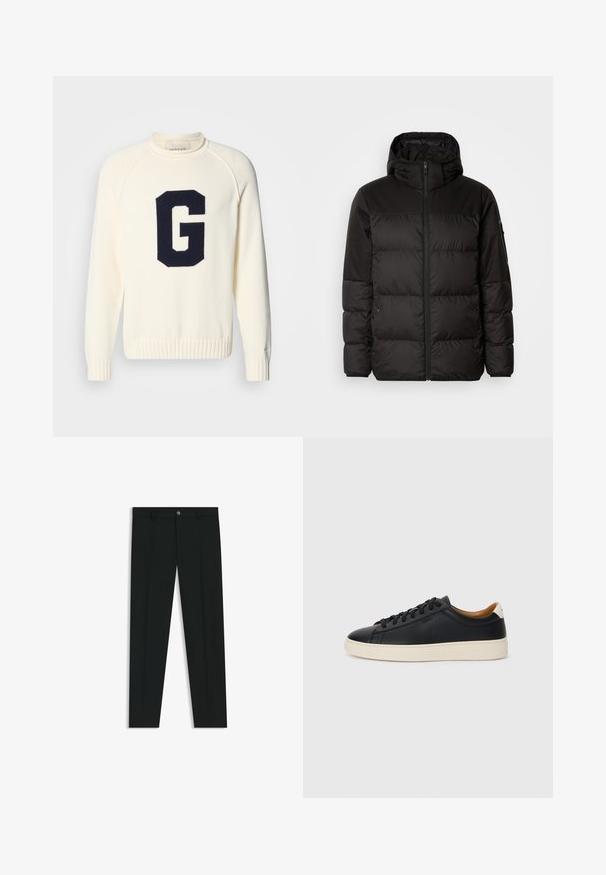 La doudoune noire est dotée d'une fermeture éclair, d'une capuche, de sections matelassées et de poignets élastiques, fabriquée à partir d'un matériau lisse et résistant à l'eau.; Pull crème en tricot avec un logo 'G' bleu marine. Il a un col rond ainsi que des poignets et un ourlet côtelés.; Pantalons noirs avec une coupe droite, fabriqués en tissu lisse. Présente une fermeture éclair à l'avant et des passants de ceinture. Unis sans motifs.; Baskets en cuir noir avec une texture lisse, semelle en caoutchouc beige, design à lacets et accent de talon contrasté.
