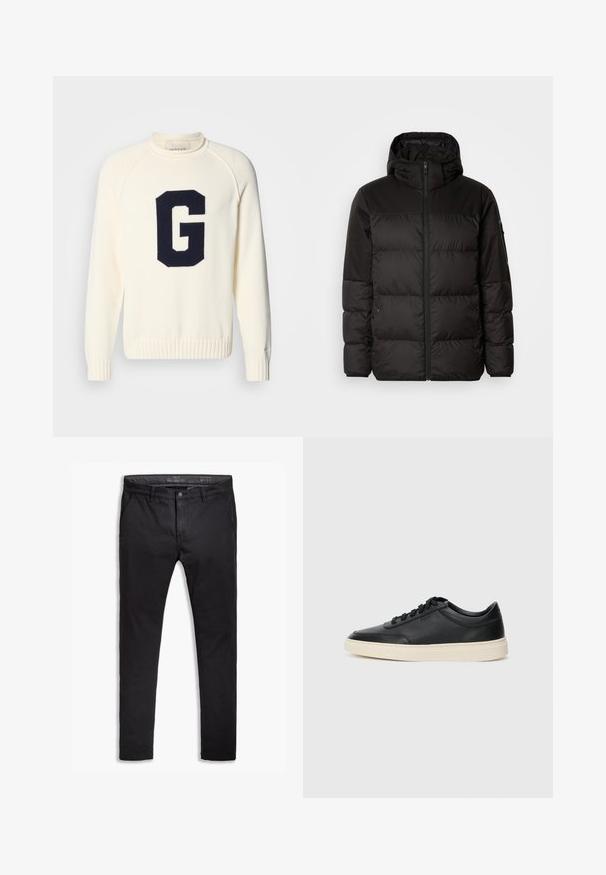 Schwarze Pufferjacke mit Reißverschluss, Kapuze, gesteppten Abschnitten und elastischen Bündchen, hergestellt aus einem glatten, wasserabweisenden Material.; Cremfarbener Pullover aus Strickstoff mit einem navyblauen 'G'-Logodesign. Er hat einen runden Halsausschnitt sowie gerippte Bündchen und einen gerippten Saum.; Schwarze Baumwollchinos mit einem schmalen Schnitt, ausgestattet mit fünf Taschen, Gürtelschlaufen und einer glatten Textur. Reißverschluss mit Knopfverschluss.; Schwarzer niedriger Ledersneaker mit schwarzen Schnürsenkeln und cremefarbenem Sohlenrand, seitlich auf weißem Hintergrund dargestellt.