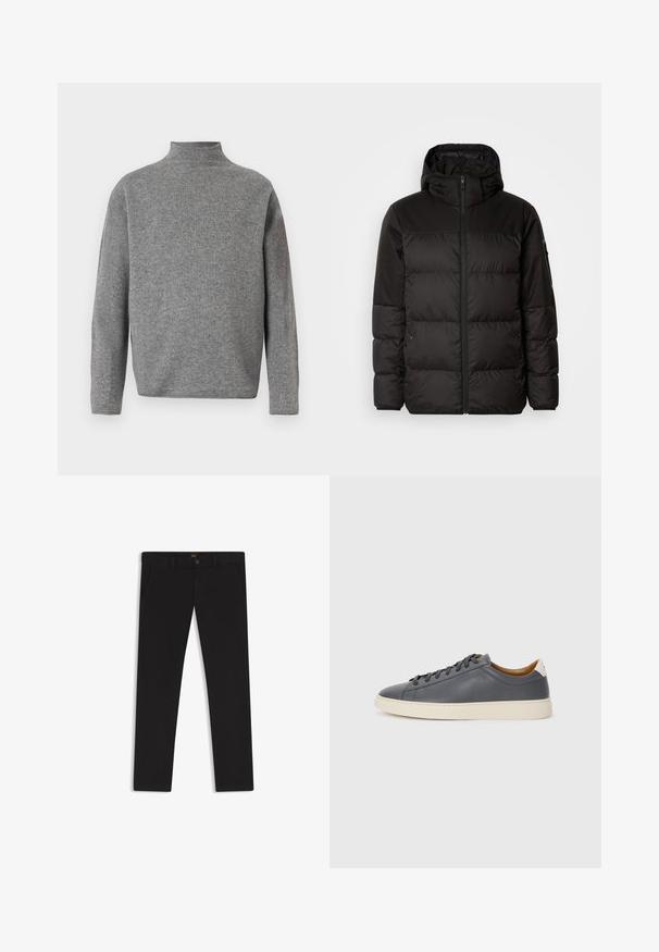 Zwarte pufferjas met ritsluiting, een capuchon, gequiltte secties en elastische manchetten, gemaakt van een glad, waterafstotend materiaal.; Grijze coltrui met lange mouwen, gemaakt van een zachte gebreide stof. Heeft een boxy pasvorm en een ribgebreide nekdetails.; Zwarte broek van stof met een gladde textuur. Bevat een knoopsluiting, riemlussen en zijzakken. Standaard straight-leg ontwerp.; Grijze leren sneaker met ronde neus, rubberen zool, platte veters en lichte accenten op de hiel. Gladde textuur en minimalistisch ontwerp.