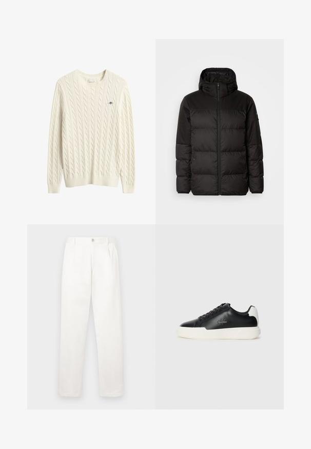 Zwarte pufferjas met ritsluiting, een capuchon, gequiltte secties en elastische manchetten, gemaakt van een glad, waterafstotend materiaal.; Roomkleurige kabelgebreide trui met een geribde ronde hals en zoom. Klein logo in het blauw op de borst geborduurd. Zachte, gestructureerde stof.; Witte broeken gemaakt van een gladde stof, met een recht model, voorplooien en een enkele knoopsluiting bij de taille.; Zwarte leren sneakers met een witte rubberen zool. Voorzien van een ronde neus, vetersluiting en logodetail aan de zijkant. Achteraccent in het wit.