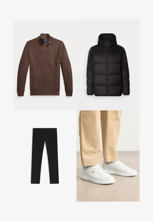 La doudoune noire est dotée d'une fermeture éclair, d'une capuche, de sections matelassées et de poignets élastiques, fabriquée à partir d'un matériau lisse et résistant à l'eau.; Pull à fermeture éclair marron en tissu tricoté texturé. Il présente un col montant et un petit logo brodé sur la poitrine. Manches longues.; Pantalon noir en tissu à texture lisse. Dispose d'une fermeture à bouton, de passants de ceinture et de poches latérales. Conception standard à jambe droite.; Baskets en cuir blanc avec une finition lisse, présentant un bout arrondi, un laçage, et un détail de logo subtil sur le côté, associées à un pantalon beige.
