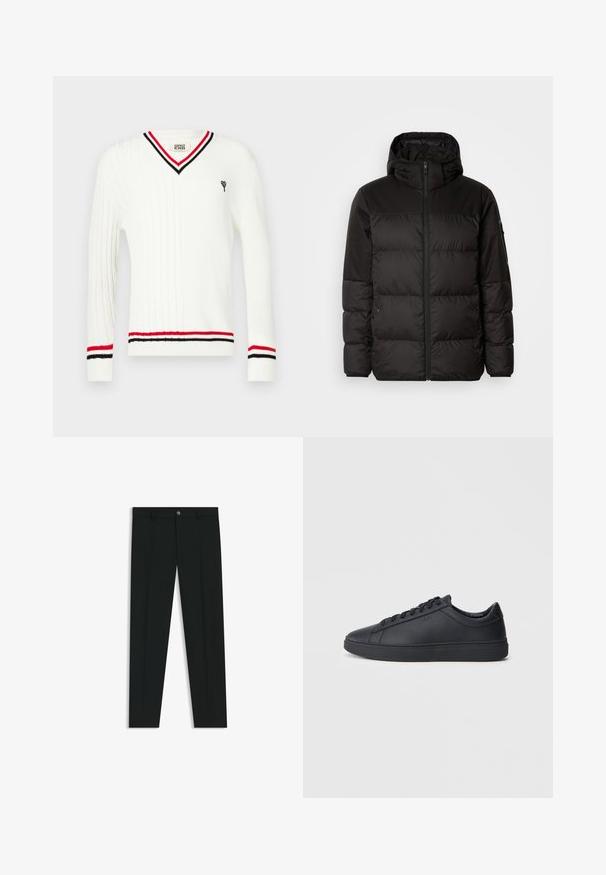 Black puffer jacket features a zip closure, a hood, quilted sections, and elastic cuffs, made from a smooth, water-resistant material.; White cable-knit sweater with a V-neck, featuring black and red striped accents on the collar and cuffs, and a small embroidered graphic.; Black dress pants with a straight-leg design, made of smooth fabric. Features a front button closure and belt loops. Plain without patterns.; Black sneakers made of smooth leather with a low-top design, round toe, and flat rubber sole. Features laces and subtle branding.