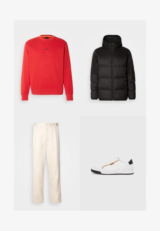 A fekete steppelt dzseki cipzáros záródással, kapucnival, steppelt részekkel és rugalmas mandzsettákkal rendelkezik, sima, vízálló anyagból készült.; BOSS Melegítőfelső - medium red; Beige pamut nadrág egyenes szárú kivágással, gombos záródással és elülső redőkkel a részletek fokozása érdekében.; Fehér sportcipők, hálós és bőr díszítésekkel. Kiemelkedő arany "BOSS" logó, textúrázott oldalpanelekkel és fekete sarokkal. Gumi talp.