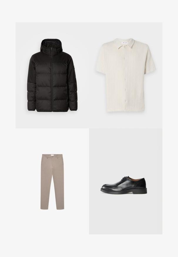 Black puffer jacket features a zip closure, a hood, quilted sections, and elastic cuffs, made from a smooth, water-resistant material.; Short-sleeve, button-up shirt in light beige with a textured ribbed pattern and a classic collar. Made of soft, breathable fabric.; Beige tailored trousers with a slim fit, featuring a zip fly, front pockets, and a subtle textured pattern. Made from a lightweight fabric.; Black leather dress shoe with a rounded toe, smooth surface, lace accents, and a low, textured rubber sole. Clean lines and minimal design.