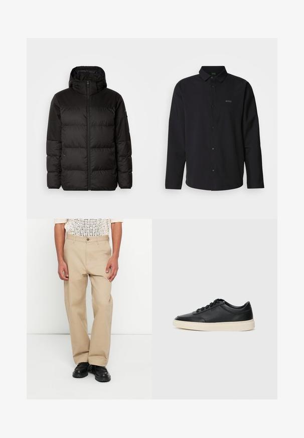 Musta puhvijakku sisältää vetoketjun, hupun, tilkuista koostuvia osioita ja joustavat hihansuut. Se on valmistettu sileästä, vedenpitävästä materiaalista.; Musta pitkähiha-paita, jossa on napitettava etuosa ja kaulus; sisältää hillityn "BOSS"-logon saman sävyisessä mustassa. Sujuva kangas, jossa on vartalonmyötäinen malli.; Beiget puuvillahousut, joissa on suora lahkeensuu, napillinen kiinnitys, etutaskut ja sileä pinta. Yhdistetty mustien kenkien kanssa.; Musta matalavartinen nahkastretchu, jossa on mustat nauhat ja vaaleanharmaa pohja, esitetty sivuprofiilissa valkoista taustaa vasten.