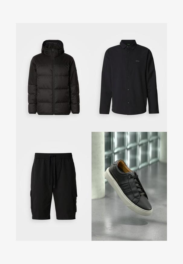 Black puffer jacket features a zip closure, a hood, quilted sections, and elastic cuffs, made from a smooth, water-resistant material.; Black long-sleeve shirt with a buttoned front and collar; features subtle "BOSS" logo in matching black. Smooth fabric with a tailored fit.; Black cargo shorts made of lightweight fabric, featuring an elastic waistband, drawstring, and side cargo pockets for added storage.; Black leather sneakers with woven texture, lace-up design, and white rubber sole. Inside features a tan lining and subtle logo detail.