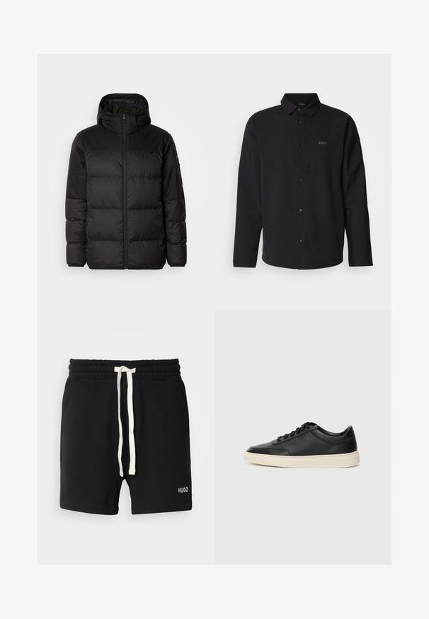 Black puffer jacket features a zip closure, a hood, quilted sections, and elastic cuffs, made from a smooth, water-resistant material.; Black long-sleeve shirt with a buttoned front and collar; features subtle "BOSS" logo in matching black. Smooth fabric with a tailored fit.; Black cotton shorts with an elastic waistband, featuring a cream drawstring and a small white "HUGO" logo at the hem.; Black low-top leather sneaker with black laces and off-white sole shown in side profile on white background.