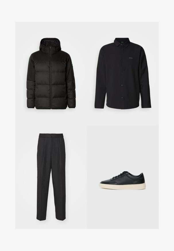 Črna zimska jakna ima zadrgo, kapuco, prešite odseke in elastične manšete, izdelana je iz gladkega, vodoodpornega materiala.; Črna srajca z dolgimi rokavi in gumbi spredaj ter ovratnikom; vsebuje subtilen logotip "BOSS" v enaki črni barvi. Gladka tkanina z prilagojenim krojem.; Črne hlače z elastiko in gumbom v pasu, ki imajo subtilno vzorčasto teksturo, ki se razteza po tkanini.; Črne nizke usnjene teniske s črnimi vezalkami in svetlo belo podplatom, prikazane v stranskem profilu na beli podlagi.