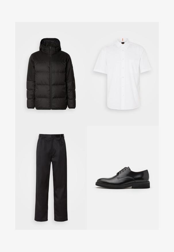 Črna zimska jakna ima zadrgo, kapuco, prešite odseke in elastične manšete, izdelana je iz gladkega, vodoodpornega materiala.; Bela kratka majica na gumb iz bombaža, z enim žepom na prsih, klasičnim ovratnikom in subtilnimi šivi.; Črne hlače iz gladkega materiala, ki imajo sprednjo zaponko, naborke in ravne noge. Brez vidnih vzorcev ali okraskov.; Črne usnjene oblečne čevlje z okroglo konico, petimi luknjami za vezalke, gladko teksturo in nizkim gumijastim podplatom.