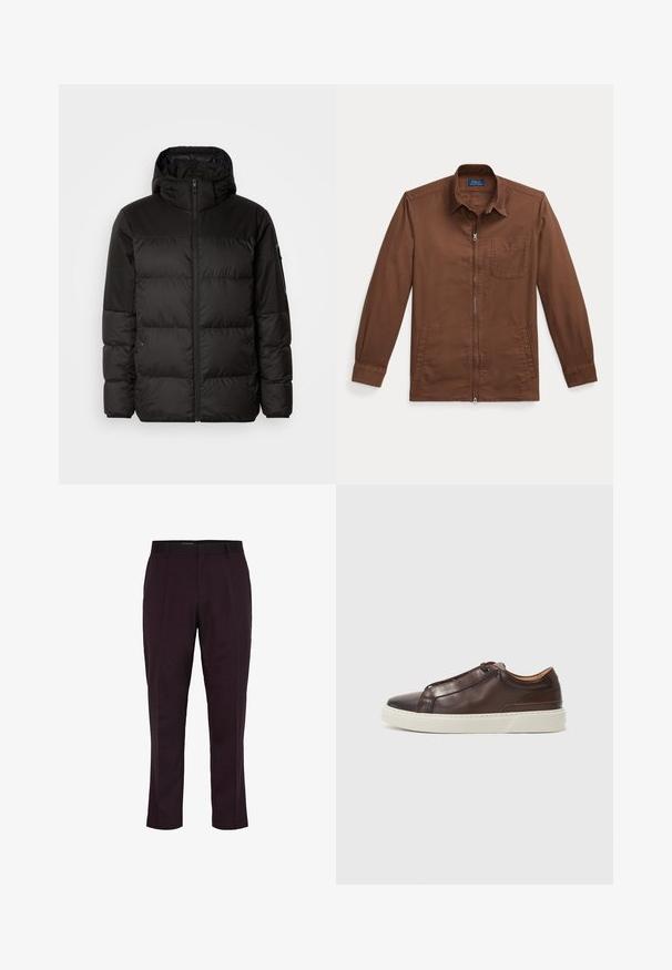 Zwarte pufferjas met ritsluiting, een capuchon, gequiltte secties en elastische manchetten, gemaakt van een glad, waterafstotend materiaal.; Bruine ritsjack van geweven stof, met een spitse kraag, een enkele borstzak en knoopmanchetten. Minimalistisch en functioneel ontwerp.; Plisséd pantalons van donker bordeaux stof, met een rechte snit, zijzakken en een soepele tailleband. Eenvoudig, elegant ontwerp.; Bruine leren sneaker met een ronde neus, contrasterende witte rubberen zool, gestikte accenten en geen zichtbare veters. Over het algemeen een gladde textuur.