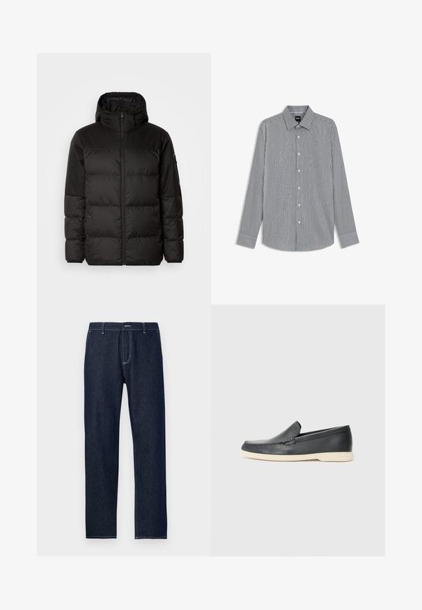 Black puffer jacket features a zip closure, a hood, quilted sections, and elastic cuffs, made from a smooth, water-resistant material.; Striped long-sleeve shirt in navy and white, featuring a button-down collar, front buttons, and cuffed sleeves with contrasting trim.; Dark blue denim jeans with a straight-leg design, featuring contrasting yellow stitching and a classic five-pocket layout.; Black leather slip-on loafers with a textured finish and a contrasting beige rubber sole. Features a subtle accent along the front.