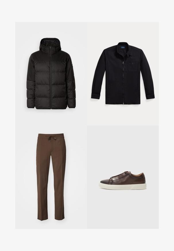 Il giubbotto puffo nero presenta una chiusura con zip, un cappuccio, sezioni trapuntate e polsini elastici, realizzato in un materiale liscio e resistente all'acqua.; Giacca nera in tessuto leggero, con zip davanti, colletto a punta e taschino sul petto sinistro con logo. Maniche lunghe con dettagli ai polsini.; Pantaloni marroni con cintura regolabile, gambe affusolate e una consistenza liscia, caratterizzati da un design frontale piatto e senza tasche visibili.; Sneaker in pelle marrone con punta arrotondata, suola in gomma bianca a contrasto, dettagli cuciti e nessun lace visibile. Texture complessiva liscia.