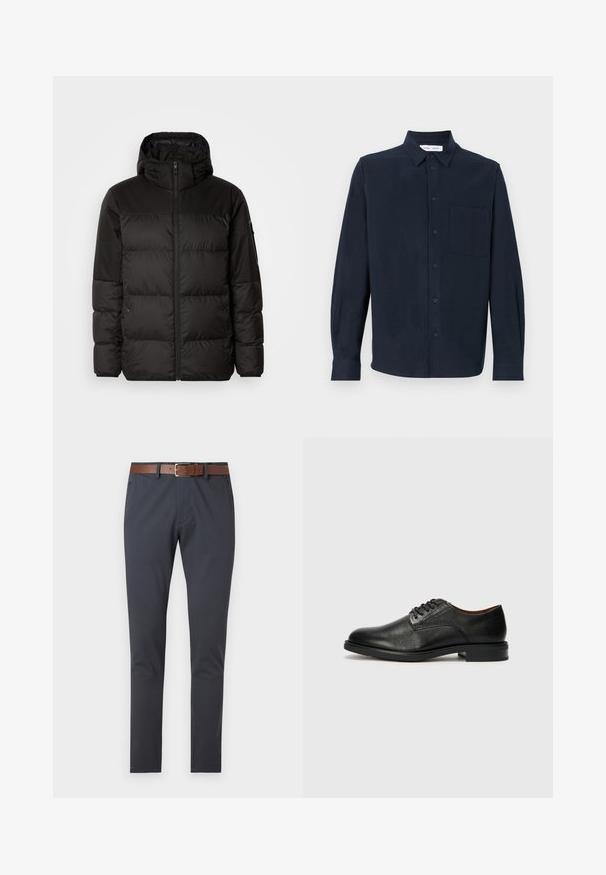 Musta puhvijakku sisältää vetoketjun, hupun, tilkuista koostuvia osioita ja joustavat hihansuut. Se on valmistettu sileästä, vedenpitävästä materiaalista.; Tummansininen pitkähihainen paita, joka on valmistettu pehmeästä kankaasta. Paidassa on napitettava etuosa, terävä kaulus ja yksi rintatasku.; Tummansiniset chinot, joissa on sileä pinta, ruskea nahkavyö suorakulmaisen hopeisen soljen kanssa, muotonsa mukaiset ja ilman näkyviä kuvioita.; Tommy Hilfiger VOGUE LTH - Klassiset nauhakengät - black