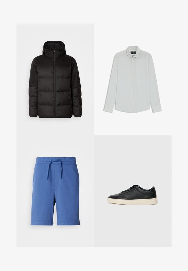 Zwarte pufferjas met ritsluiting, een capuchon, gequiltte secties en elastische manchetten, gemaakt van een glad, waterafstotend materiaal.; Witte lange mouwen shirt met een klassieke kraag, knoopsluiting aan de voorkant en een zachte textuur. Heeft een subtiele glans en een getailleerde pasvorm.; Blauwe katoenen shorts met een elastische tailleband, trekkoord en zijzak. Zachte textuur, knielange uitstraling, minimale merkdetails.; Zwarte leren sneaker met lage schacht, zwarte veters en off-white zool, weergegeven in zijprofiel op een witte achtergrond.