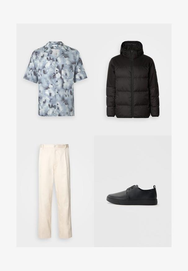 Melna pūkainā jakā iezīmes ir rāvējslēdzēja aizdare, kapuce, kvadrātveida šuves un elastīgas aproces, izgatavota no gludas, ūdensizturīgas vielas.; Īss piedurkņu krekls ar pogām, izplatītu apkakli un krūšu kabatu zilgani pelēkā abstraktā mākoņu rakstā.; Bežā krāsā auduma bikses ar taisnu kāju griezumu, pievienotām pogu aizdares un priekšējiem krokām papildu detaļām.; Melnas ādas kedas ar gludu apdari, noapaļota purngala, tonāla šuvēm, auklu fronti un plakanu gumijas zoli. Cilpa pie papēža.